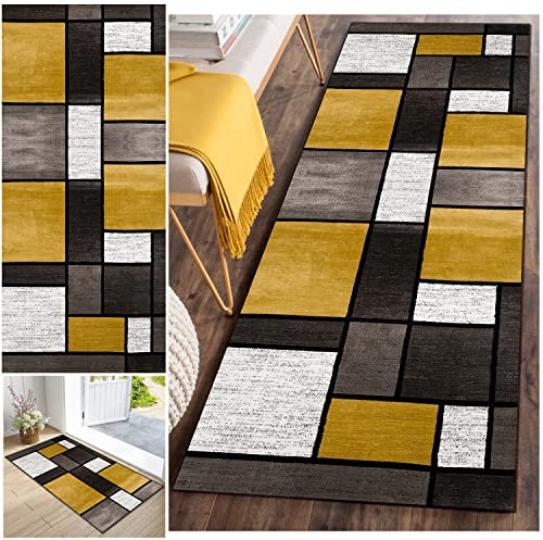 FKYUH Teppich Läufer,70x300CM Läufer Flur rutschfest Kücheläufer Teppichläufer Modern Teppich Flur für Flur, Büro, Schlafzimmer, Küche, Esszimmer Meterware Anpassbar,Gelbes Plaid