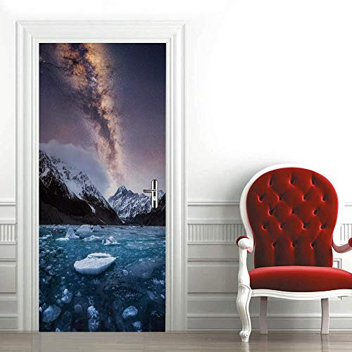 GSKBDQ Stickers Porte 3D Poster Paysage De Montagnes Et De Rivières De Glace Et De Neige 90X200Cm Trompe L'Oeil Autocollants De Porte Papier Peint Chambre Salon Salle De Bain Décoration Auto-Adhésif