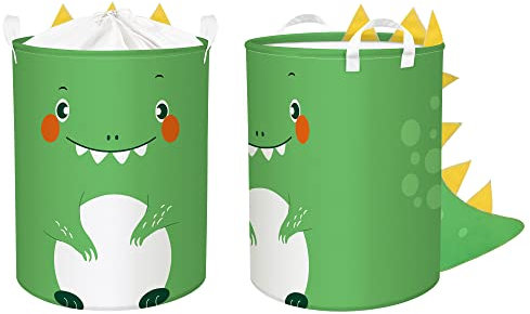 Clastyle 45L Cute 3D Dinosaur Baby Laundry Basket for Bedroom Collapsible Green Kids Washing Basket Round Toy Basket with Lid for Children, 14.2x17.7 in