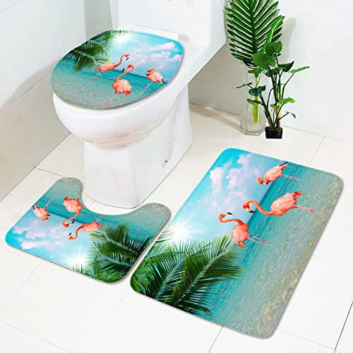 Badezimmerteppich Flamingo Kokosbaum Badematte Set 3 Teilig Fußmatte rutschfest Saugfähig Badteppich Waschbar Fussmatte Teppich Schmutzfangmatte für Badezimmer