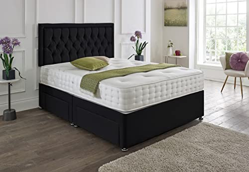 SANA SLEEP Designer Damask Memory Foam Divan Bed Set With Mattress, 2 Drawers (Same Side) and Headboard 6FT Super King - Damask Black