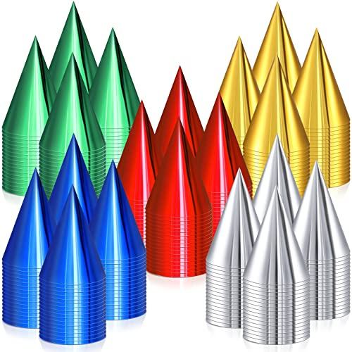 Geosar 200 Pcs Colorful Birthday Party Hats Bulk Metallic Cone Paper Hats Decorations Headwear with Elastic String for Adults Youth Pets Dress up Celebration, Gold, Silver, Red, Blue and Green