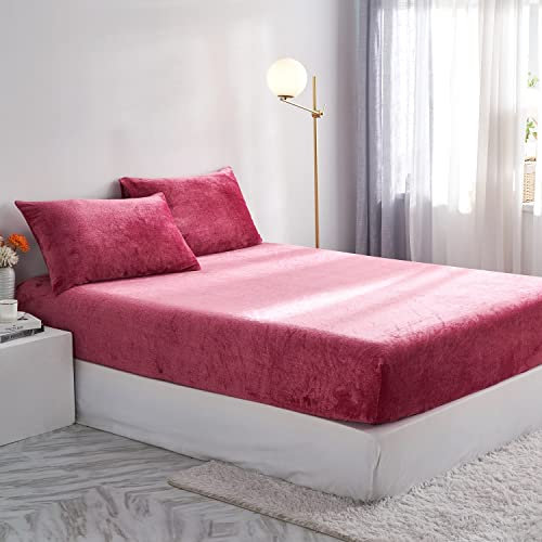 Damier Kinder Winter Spannbettlaken 90x200cm Rot Fleece Warme Plüsch Spannbetttuch Cashmere Coral Jungen Kids Bettlaken Geeignet für 30cm Matratze