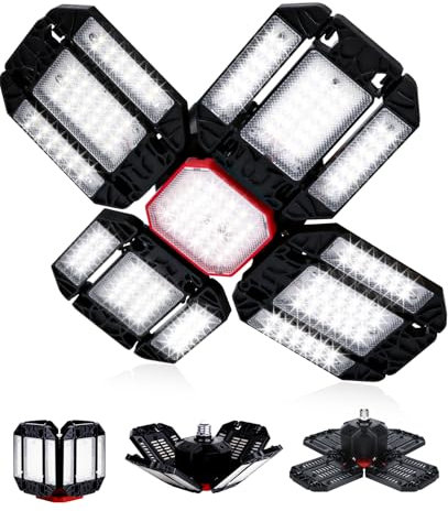 Yiliaw LED Garagenleuchte 200W 20.000LM, 12 verstellbare Panels, 6500K Tageslicht, Deformierbare Deckenleuchte, Schraubfassung für Garage, Werkstatt, Lager und Büro