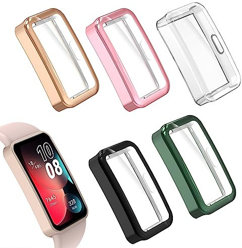 Hianjoo 5 Stück Schutzhülle Kompatibel mit Huawei Band 10/9/8, Rundum-Abdeckung TPU Silikon Hülle mit Displayschutz, Schutzfolie Kompatibel mit Huawei Band 10/9/8 - Klar+Schwarz+Grün+Rosa+Roségold