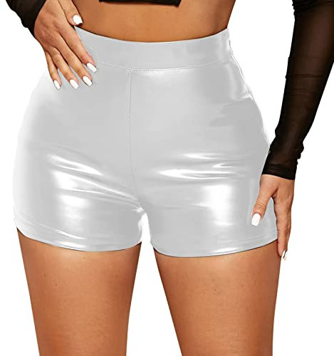 Damen Sexy Shorts Frauen Hotpants Karnevalskostüm Cosplay Festival Rave Pole Dance Outfit Damen Leder Shorts Wetlook High Waist Kurze Lederhose Skinny Lederoptik Leggins Hose Hotpants