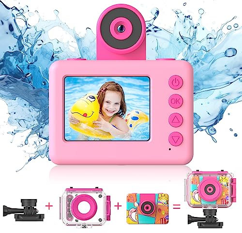 Tosaju Enfants Action Camera Appareil Photo Numérique Sports de Plein Air Imperméable 20MP HD 1080p Selfie Caméra Sous Marine 2,0 Pouces Écran 32GB Carte SD Rose