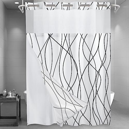 LXBNI No Hook Black and White Striped Long Shower Curtain with Snap in Fabric Liner Set - Hotel Shower Curtain and Liner Set with See Through Mesh Top Window,Machine Washable, 71x86 INCH
