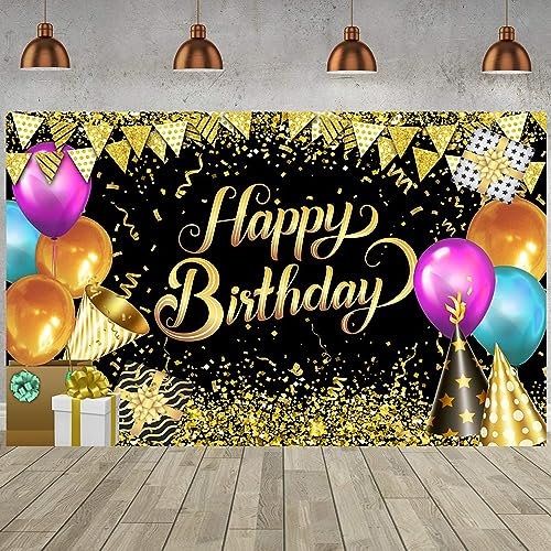 2.4x1.8m Foto Hintergrund Geburtstag Schwarz Gold Glitter Ballon Happy Birthday Zeichen Poster Fotografie Hintergrund Kinder Männer Frauen Geburtstag Party Dekorationen Banner Fotostudio Requisiten