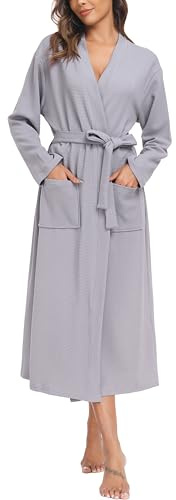 Sopesil Women Dressing Gown Waffle Full-Length Robe Lightweight Luxury Bathrobes Soft Loungewear Sleepwear Spa and Hotel for All Year Light Grey,M