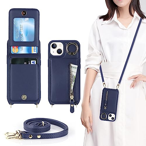CAVOR Handykette iPhone 13 Mini Hülle Mit Band,Flip Leder Geldborse hülle,[4 Kartenfach][Ring Stander][Schnalle],Klapphülle Handyhülle für iPhone 13 Mini - Blau