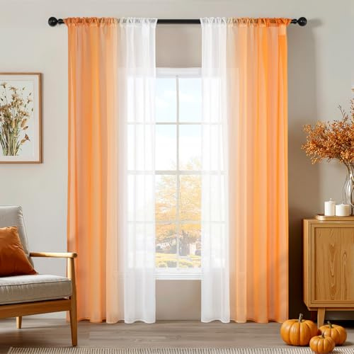 MIULEE Zweifarbige Voile Vorhänge Kräuselband 2er Orange 140x160cm | Zweifarbige transparente Voile Vorhänge mit Kräuselband, lichtdurchlässig, modern dekorativ für Wohn- und Schlafzimmer