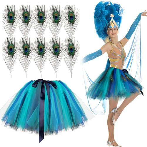 BOFUNX Damen Pfau Kostüm, Tüllrock Blau Grün Tutu Rock + 10 Stücke Pfauenfedern für Fasching Karneval Mottoparty Kostüm Accessoires
