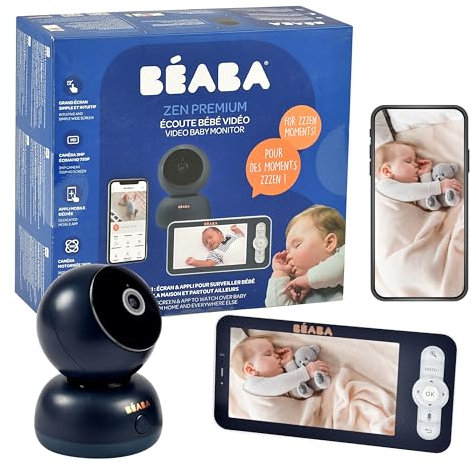 BÉABA, Babyphone, 2-in-1 Video-Babyphone, Bildschirm/Gewidmete Mobile App, HD-Kamera, 360°-Drehung, Nachtsicht, Walkie-Talkie, Schlaflieder, Temperatur- und Luftfeuchtigkeitskontrolle,Zen Premium Blau