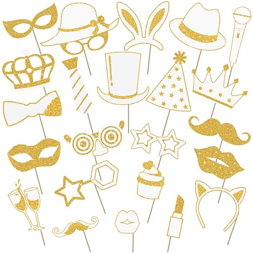 Zonon 24 Pcs Funny Photo Booth Props Class of 2026 Graduation Birthday Wedding Family Class Reunion Prom Disco Party Celebration Decoration Supplies Mix of Hats, Lipstick, Tie(White and Gold)