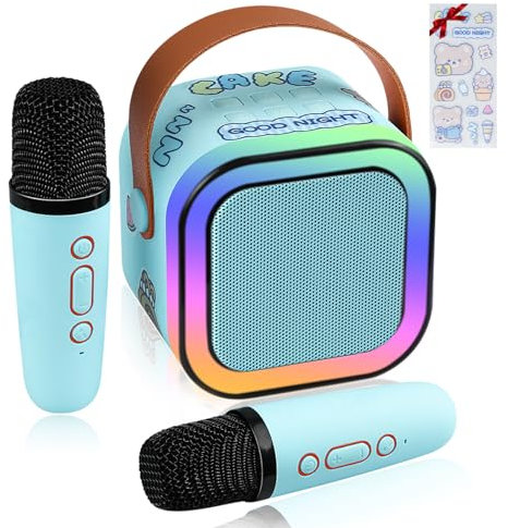 LAMJAD Karaoke Maschine Kinder mit 2 Drahtlosen Mikrofonen,Tragbares Bluetooth KTV Anlage mit LED-Licht und Sprachveränderungseffekten, Geschenke für Alter 3-12 Kinder (Blau)