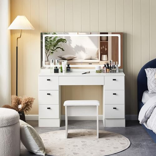 TUKAILAi White Dressing Table Set with Charging Station, Adjustable LED Lights Vanity Table with 7 Drawers, Mirror and Cushioned Stool Large Makeup Desk for Bedroom Girls Women