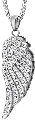 COOLSTEELANDBEYOND Große Iced Out Zirkonia Engelsflügel Anhänger, Herren Damen Halskette, mit 75CM Weizen-Kette
