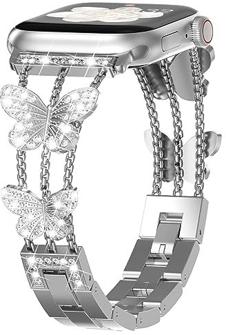 KADES 42mm(series 10) 41mm 40mm 38mm für Apple Watch Armband für Damen,Schmetterlings Glitzer Gliederarmband Edelstahl Ersatzarmband für Apple Watch Series SE/10/9/8/7/6/5/4/3/2/1,Silber