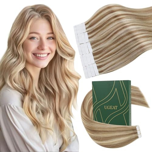 Ugeat Haarverlängerung Echthaar Tape in Extensions Echthaar Blond Remy Echthaar Extensions Tape Goldbraun mit Platinblond Extensions Echthaar Blond Glatt 50cm 20 Stück 50 Gramm #10/613