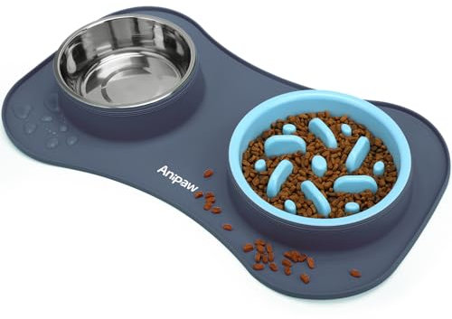 Anipaw Slow Feeder Dog Bowls 3 in 1 Stainless Steel Dog Food and Water Bowls with Non-Spill and Non-Skid Silicone Mat to Slow Down Eating for Large Medium Small Breed Size Dogs and Cats (Light Grey)