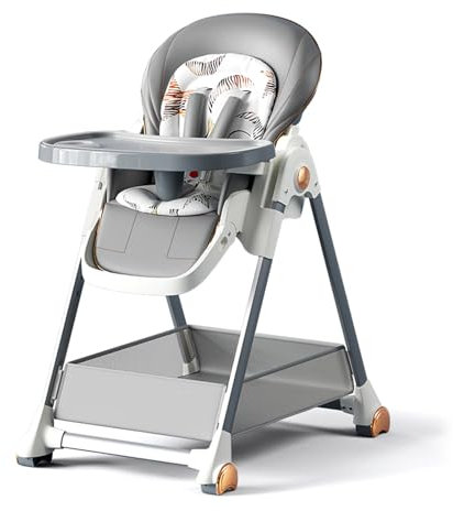 Reenborn PU-Leder Kinderhochstuhl, Klappbarer Hochstuhl Baby mit Liegefunktion, Hochstuhl mit 6 Höhen 3 Liegepositionen, Baby Essen Stuhl Abnehmbaren Doppeltabletts und Rädern (808 Grey)