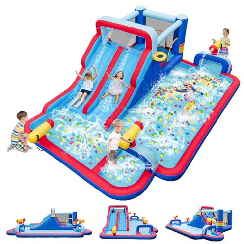 GOPLUS 5 en 1 Château Gonflable Extérieur XXL, Double Toboggan, Mur d'escalade, Pataugeoire, Panier de Basket-Ball, Canons à Eau,Humide et Sec, Intérieur et Extérieur, pour 3 Enfants, Charge 135KG