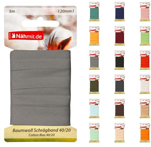 Nähmit 5m Karte Baumwoll Schrägband, 100% Baumwolle 20mm Breit - 40/20 vorgebügeltes Schrägband (A18-Mausgrau, 5m Karte)