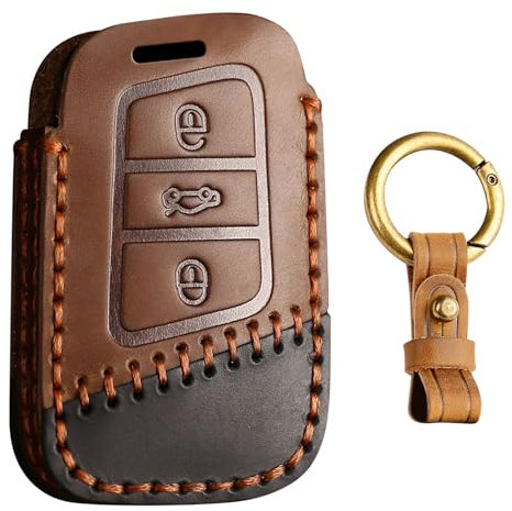 KUNIO Leder Schlüsselhülle Passt für VW Magotan Passat B8 Tiguan MK2 für Jetta Passt für Skoda Superb A7 Kodiaq für Seat Ateca Schutz Schlüsseletui Schlüsselanhänger 3 Tasten Braun