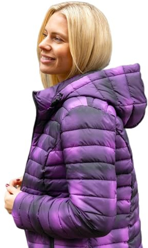 Roman Women Padded Longline Coat with Hood - Ladies Zip Through Autumn Winter Long Length Lightweight Quilted Warm Cosy Everyday Zip Up Casual Jackets Coats - Size 14 - Purple & Black
