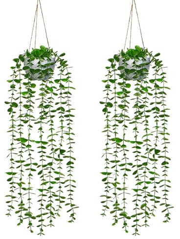 Betylifoy Artificial Hanging Plants, 2 Pack Fake Hanging Plants with Pots Artificial Trailing Plant Fake Potted Plants for Indoor Outdoor Patio Office Room Decor (Green Eucalyptus-2pcs)