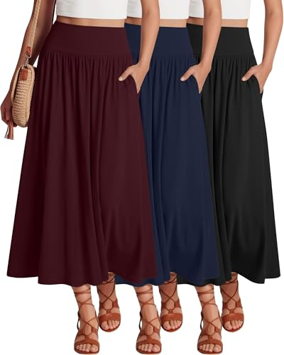 Ficerd Confezione da 3 Gonne Lunghe Lunghe da Donna, Lunghezza alla Caviglia, Vita Alta, Gonne Estive Casual con Tasche