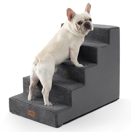 COZY KISS Hundetreppe für Kleine Hunde, 5 Stufen Breiter Haustiertreppe für Bett Couch Auto, 60cm Hoch Hochdichtem Schaumstoff Katzentreppe mit Abnehmbarem Bezug (Dunkelgrau, 75x50x60cm, 5)