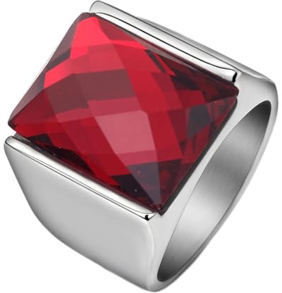 Musihy Ring Herren, Herren Edelstahl 16 mm breiter Ring mit rotem, facettiertem, rechteckigem Zirkonia, Silber, Größe 62 (19.7)