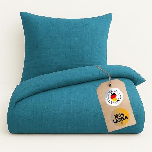 Chambry Premium Bettwäsche 100 % Leinen - handgefertigt in Deutschland – atmungsaktiv temperaturausgleichend bügelfrei – Bettbezug 135x200cm + Kissenbezug 80x80cm - Petrol