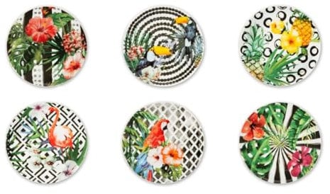 Excelsa Tropical Chic Set 6 Piattini in Porcellana per Aperitivo e Dessert, Decorazioni Tropicali