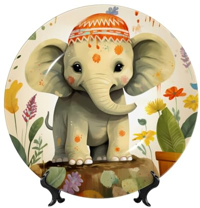 Bone China Decorative Plate Art Crafts Ceramic Decorative Plate With Display Stand Ceramic Ornament Cartoon Elephant with Plant Painting Round Dinner Plates Wall Hanging for Home Office Wall Decor 8in