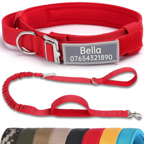 SEOUGEE Tactical Dog Collar Personalised with Handle and Leash Set, Soft Padded Dog Collars with Custom Reflective Name Patch, Pet Collars with Portable Buckle for Medium Large Dogs (Red Set, XL)