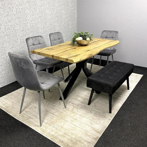 KOSY KOALA Wooden Dining Table with 4 Grey Velvet Chairs and Black Padded Bench, Dining Room Furniture