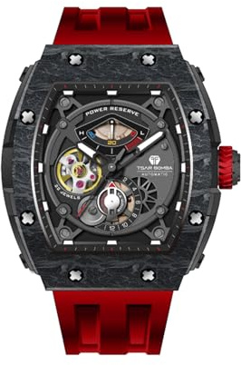 TSAR BOMBA Automatik Uhr Herren wasserdichte 50M Luxus Mechanisch Skeleton Armbanduhr Herren Analog Militär Männer Uhren mit FKM Fluorkautschuk Armband Herrenuhr Geschenke Schwarz Silber Edelstahl