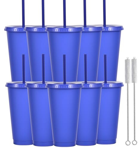 Yisituo 710ml Reusable Plastic Cups, 10 Pack Cold Cups with Lid and Straw, Tumblers Travel Mugs for Adults and Madam Party and Beach, Pool Gatherings (10, Blue)