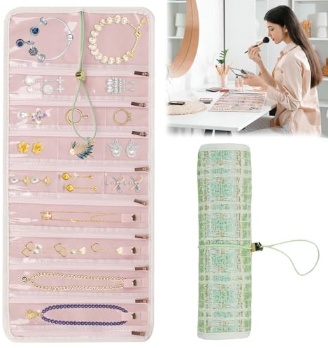 BlyeMichdi Smyckesrulle, smyckesväska för resor, smyckesförvaring resor, vikbar, transparent PVC smycken, väska, smyckesorganisatör för ringar, halsband, örhängen, armband (grön)