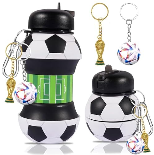 Rurbeder Botella Agua Silicona Diseño Fútbol, 550 ml, Futbol Plegable, con Llavero de Fútbol Trofeo, Sin BPA, A Prueba Fugas, Camping y Regalos Originales