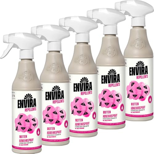 Envira Motten Abwehrspray 5 x 500 ml - Spray mit Langzeitwirkung gegen Motten, Kleidermotten & Lebensmittelmotten - Mottenschutz für Kleiderschrank - Mittel gegen Motten in der Wohnung