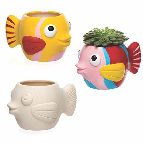 Baker Ross AR523 Fish Plant Pot, Ready to Paint Ceramics for Kids to Decorate and Display (Box of 2)