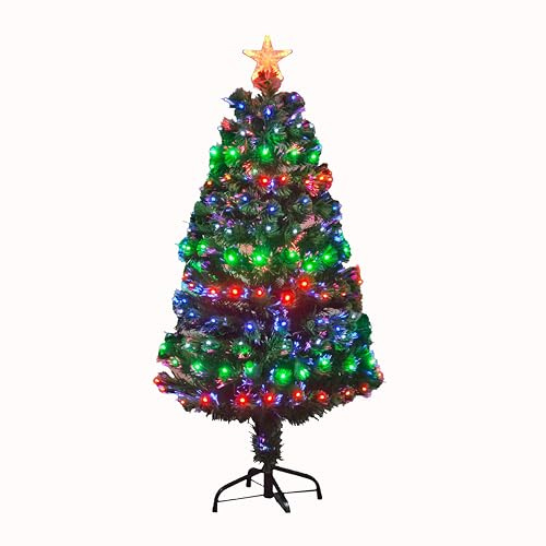 6Ft/180cm Fibre Optic Christmas Tree with Star Topper - Multicolor LEDs 8 Changing Light Modes - Pre-Lit Green Artificial Xmas Tree