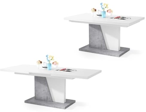 All4All Couchtisch Noel - Kaffeetisch - Wohnzimmertisch – Sofatisch mit Ablagen - Esstisch mit Einlegeplatte - ausklappbar - 120x70cm - 05 - Weiß + Beton Millenium