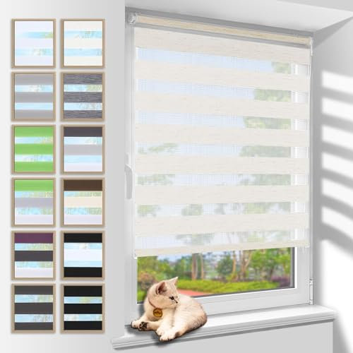 Zarnan Doppelrollo Klemmfix ohne Bohren Leinen 40x130cm(Stoffbreite 36cm) Duo Rollo Blickdicht Zebrarollo Rollos für Fenster ohne Bohren für Wohnzimmer Küche Büro lichtdurchlässig und verdunkelnd