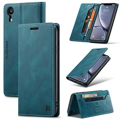 TOHULLE for iPhone XR Case, Vintage Wallet Case RFID Blocking Card Holder Kickstand Built-in Magnetic Closure Flip Leather Case for iPhone XR - Blue