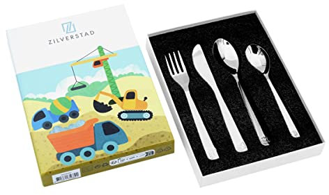 Brillibrum Design Kinderbesteck 4er Set aus Edelstahl Spühlmaschinenfest mit Namen Besteck mit Motiven Kinder Besteck Set (Gravur bis 20 Zeichen, Baufahrzeuge)